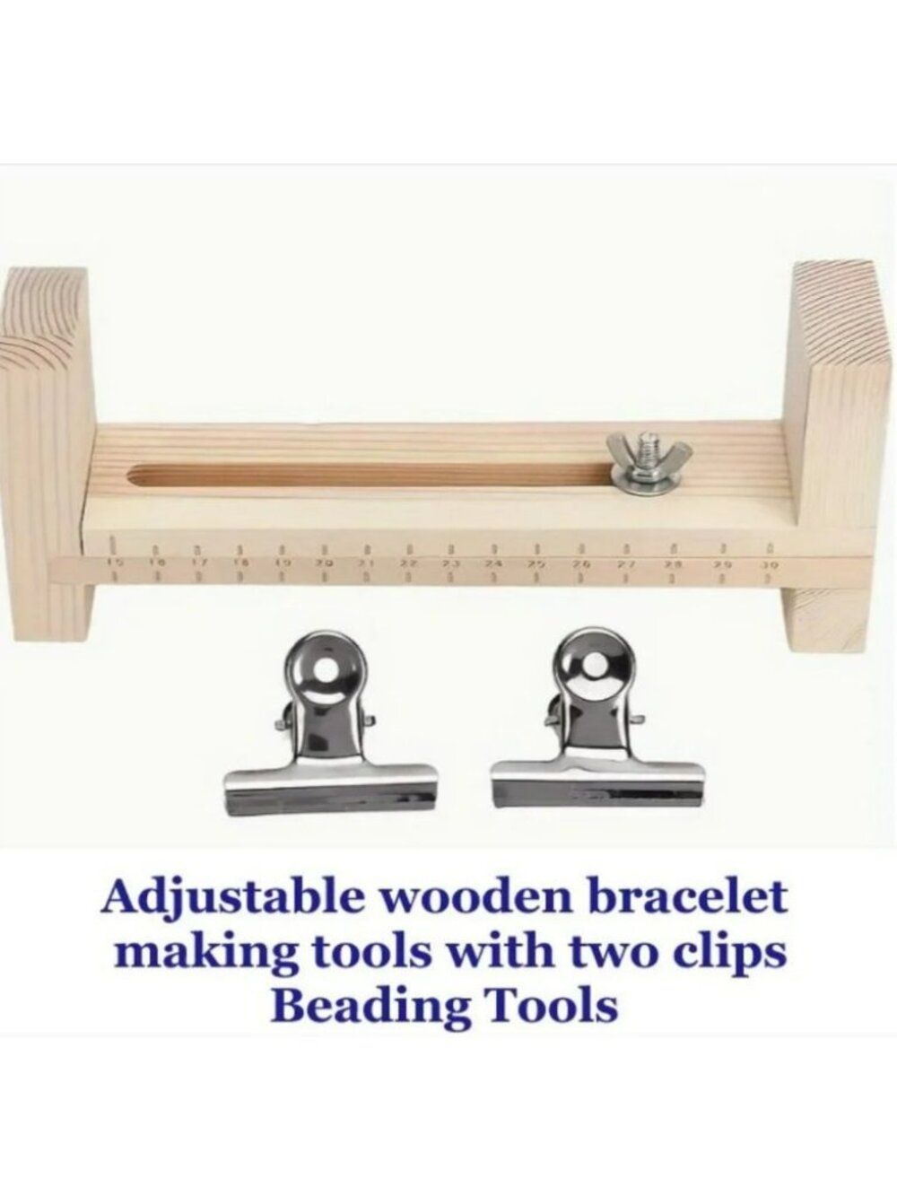 Adjustable Wooden Bracelet Making Tool with Two Clips.